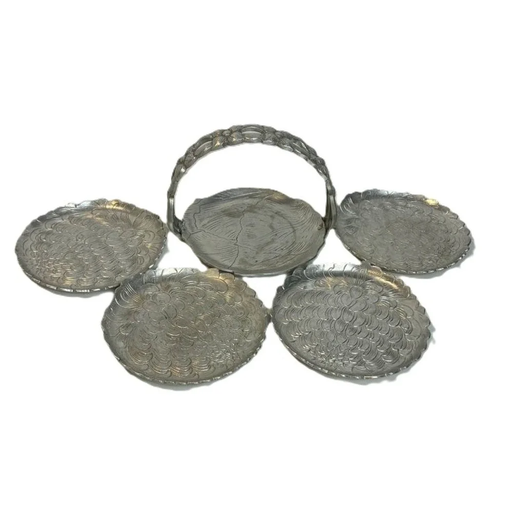 Vintage Floral Metal‎ Coaster Set Holder Tray Embossed Aluminum Shabby Chic